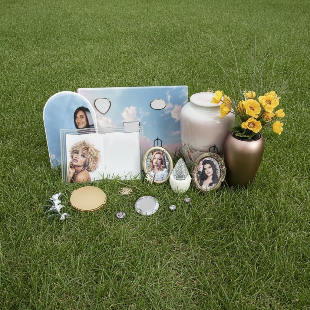 Porcelain photo plaques, framed cameos, and a keepsake urn on the grass