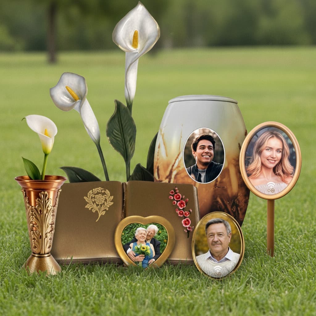Oval and heart ceramic memorial photos with a bronze book and calla lilies