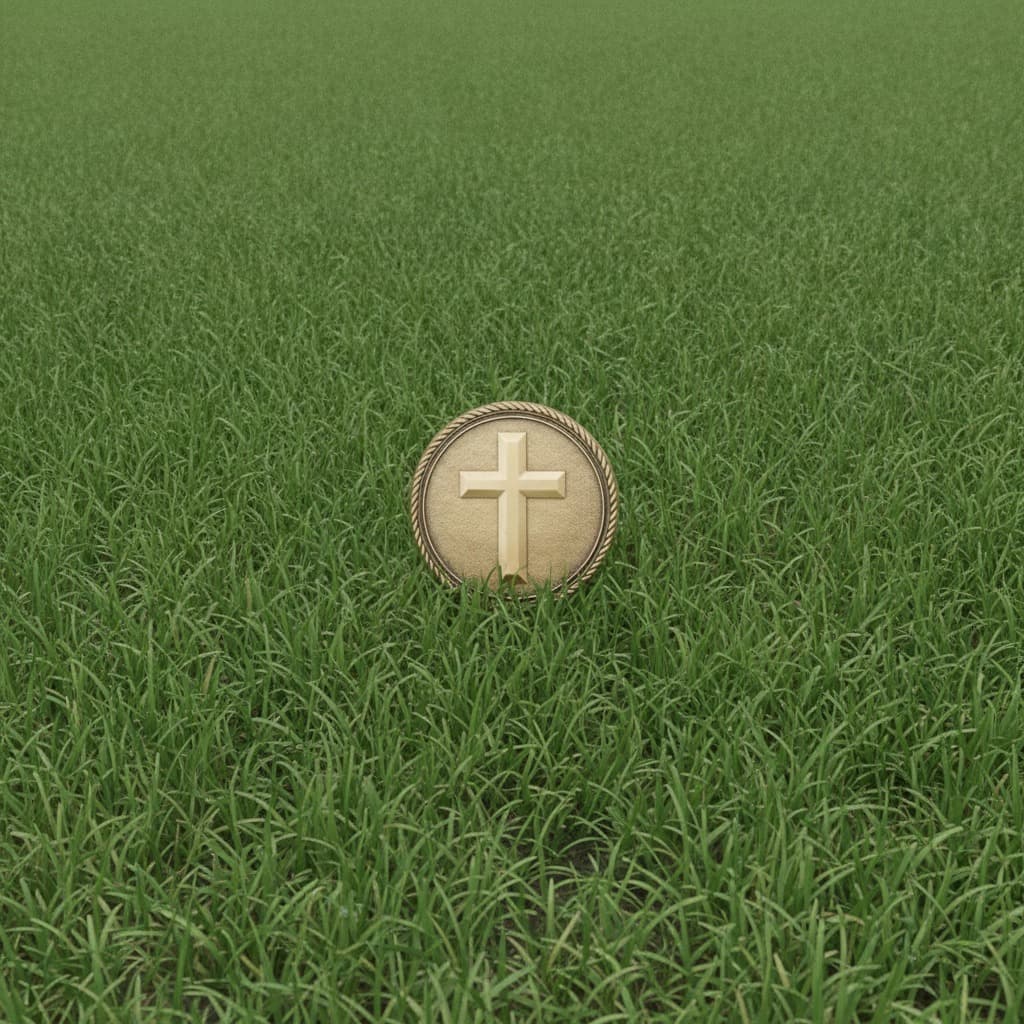 Bronze cross emblem with a rope border resting in the grass