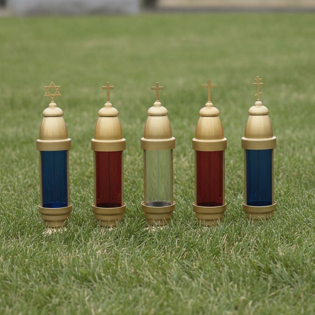 Gold memorial lights with blue, red, and clear globes