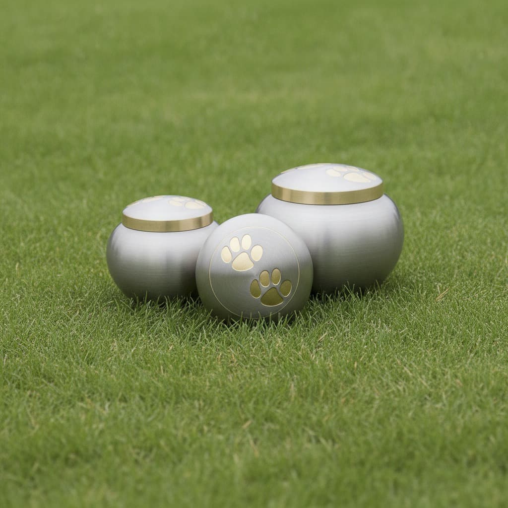 Pewter pet urns with brass paw prints