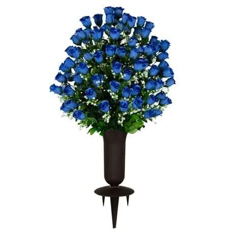 Blue Sweetheart Rose with Sympathy Silks Plastic Grave Vase with Spikes