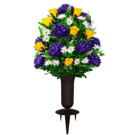 Purple Mum and Yellow Rose with Sympathy Silks Vase