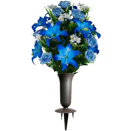 Blue Lily and Rose with White Daisies and Sympathy Silks Plastic Grave Vase with Spikes