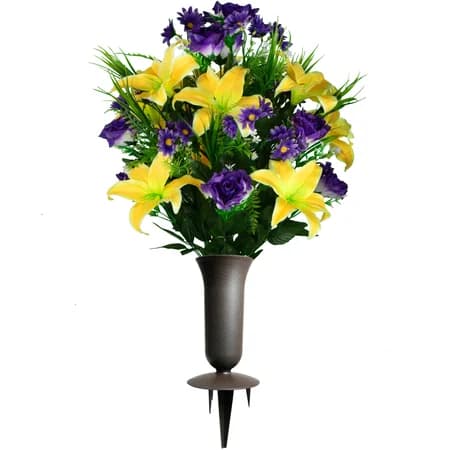 Yellow Lily with Purple Roses and Daisies with Sympathy Silks Vase