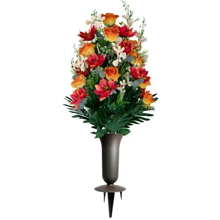 Orange Roses and Vermillion Lotus Bouquet with Sympathy Silks Vase