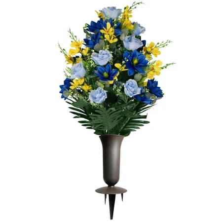 Light Blue Roses and Blue Lotus Bouquet with Sympathy Silks Vase