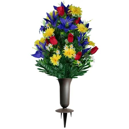 Purple Lilies with Yellow Daisies and Red Roses with Sympathy Silks Vase