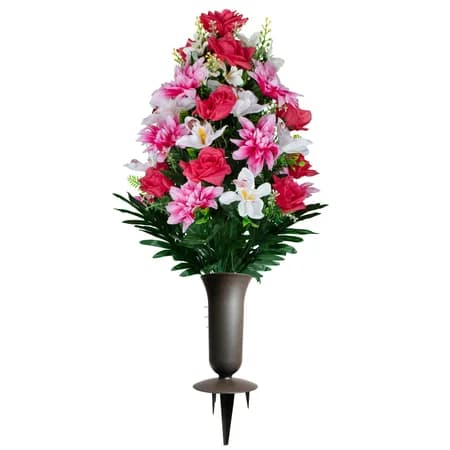 Pink Roses with White Orchids and Pink Dahlias with Sympathy Silks Vase
