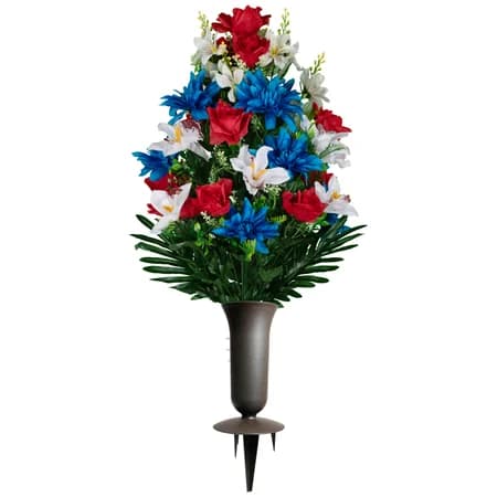 Red Roses with White Orchids and Blue Dahlias with Sympathy Silks Vase