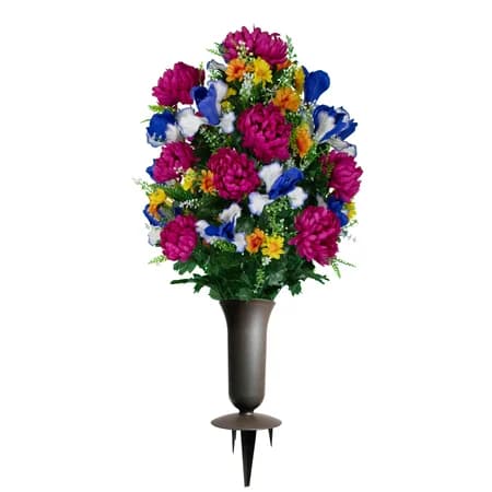 Fuchsia Mums with Blue Iris Bouquet with Sympathy Silks Vase