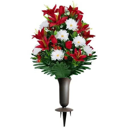 Red Lilies with White Daisies and Red Roses Bouquet with Sympathy Silks Vase