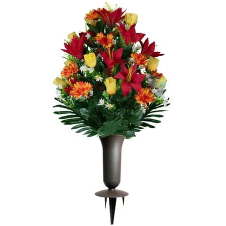 Red Lilies with Sunrise Daisies and Yellow Roses Bouquet with Sympathy Silks Vase