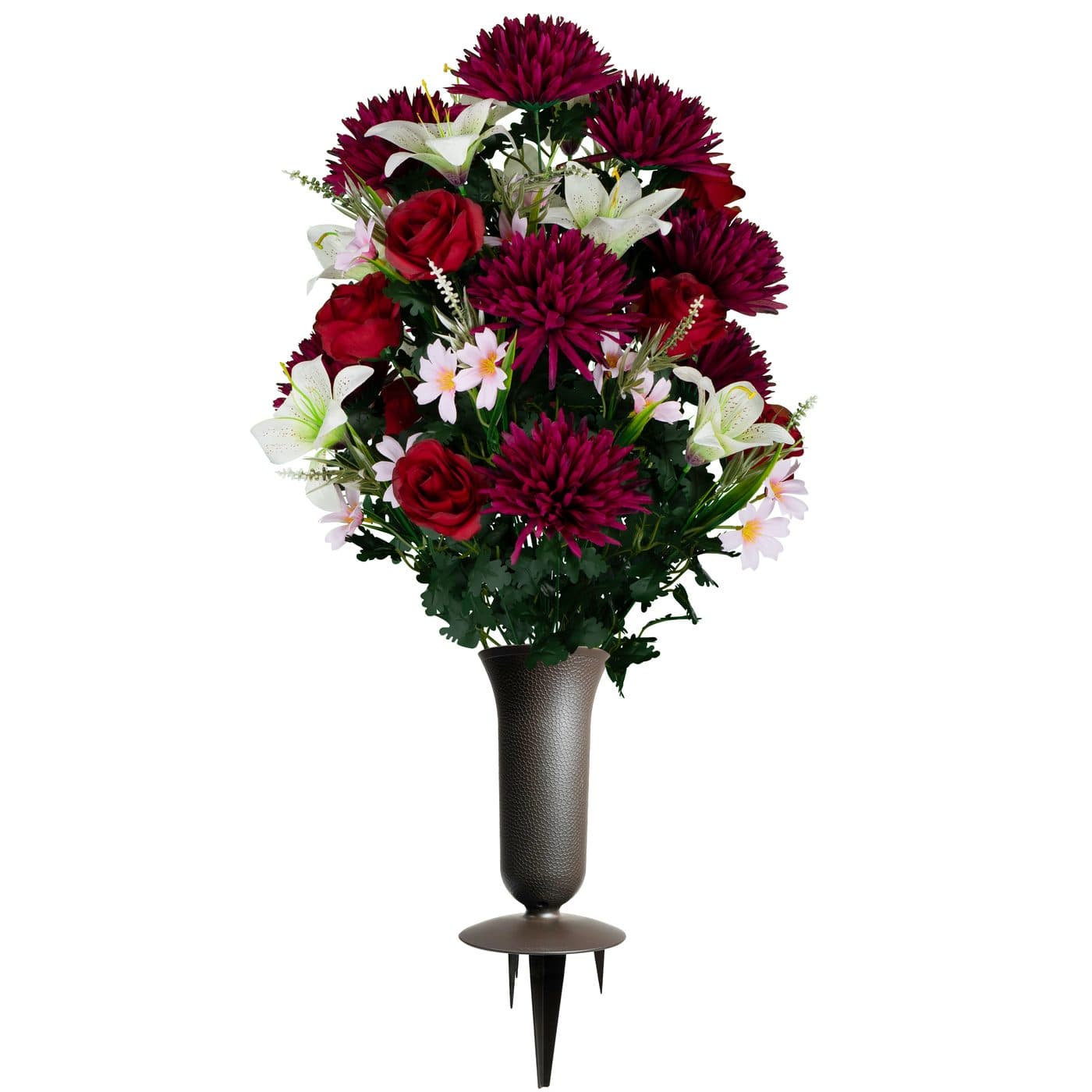 White Stargazer Lilies with Red Roses and Burgundy Mums Bouquet with Vase