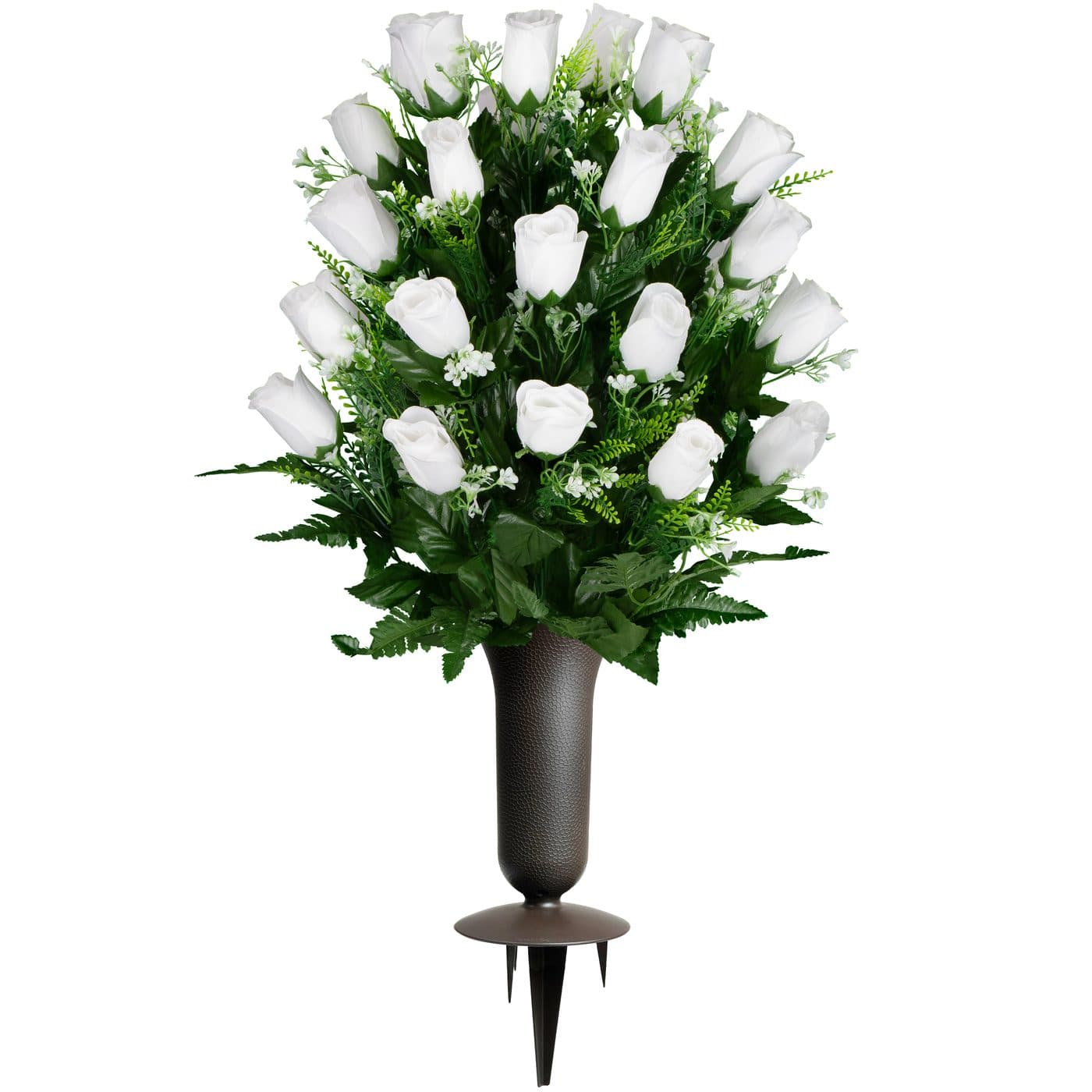 White Roses with Baby's Breath with Sympathy Silks Vase