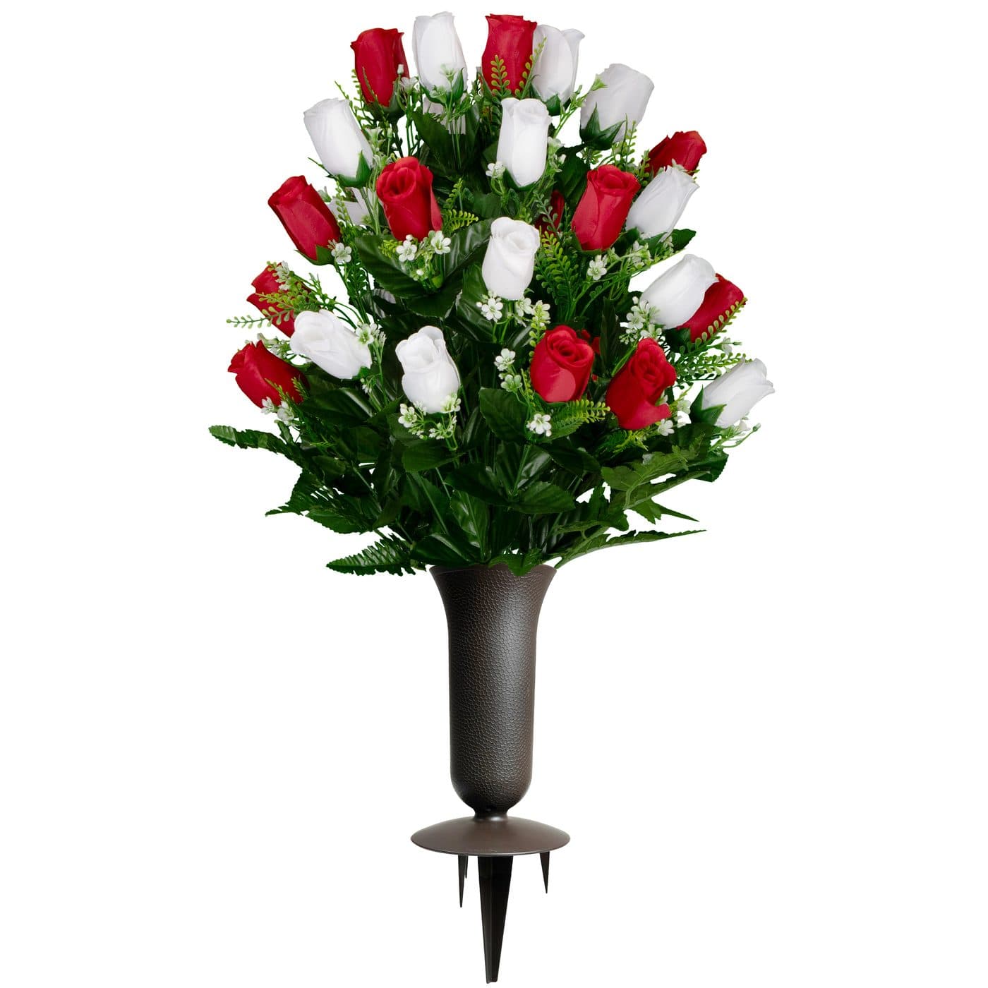 Red and White Roses with Baby's Breath and Sympathy Silks Plastic Grave Vase with Spikes