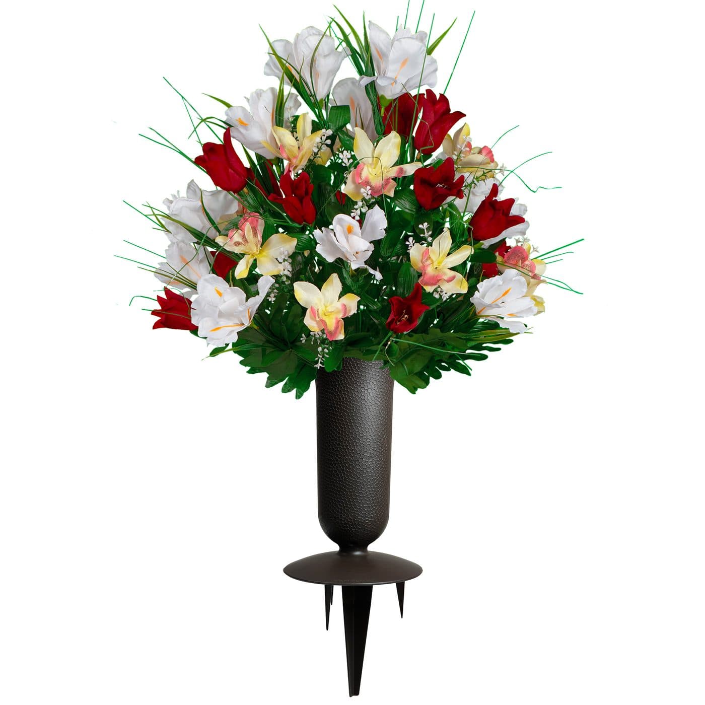 Red Tulip and White Iris Bouqet with Sympathy Silks Vase