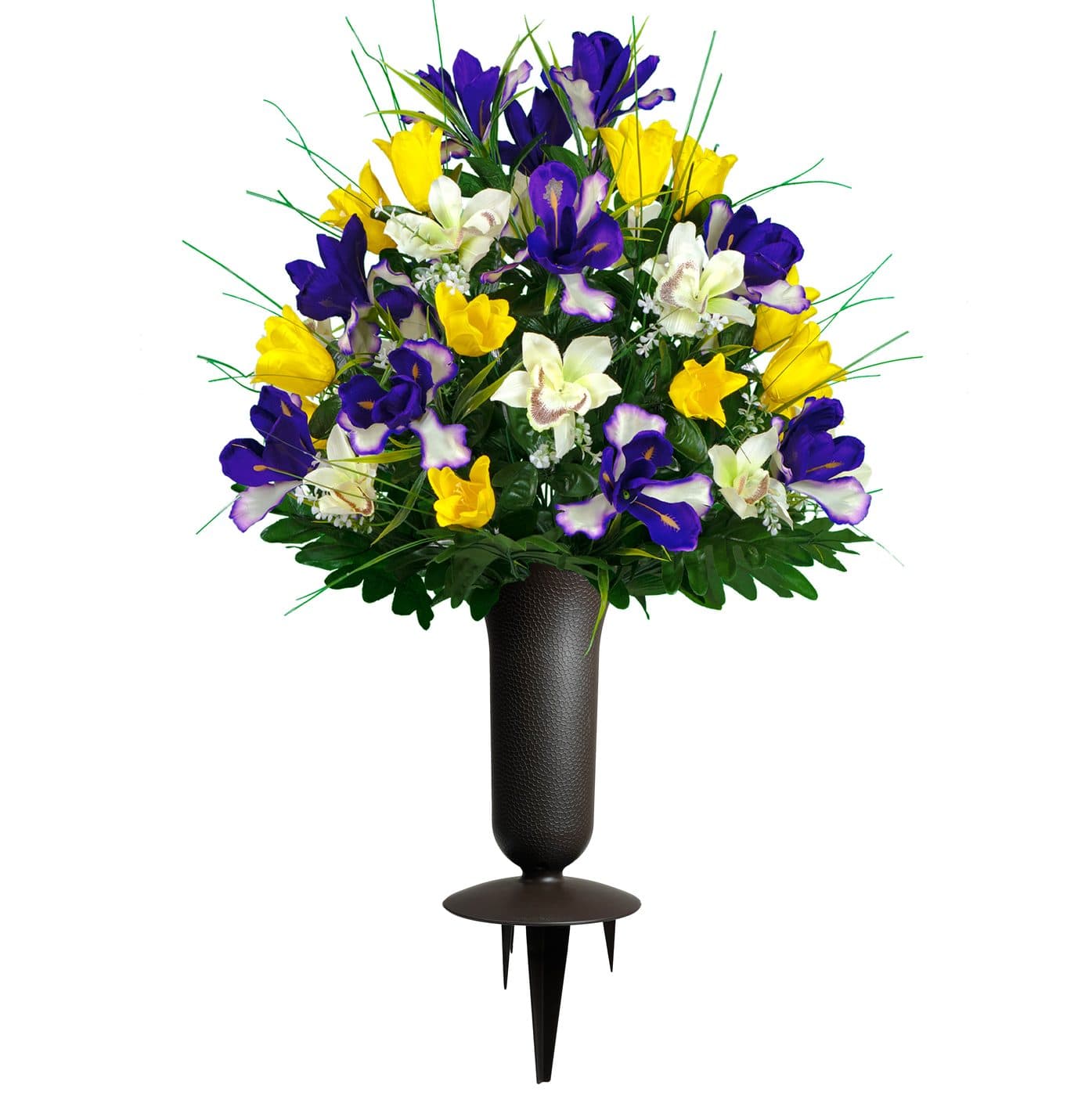 Yellow Tulips and Purple Iris with Sympathy Silks Vase