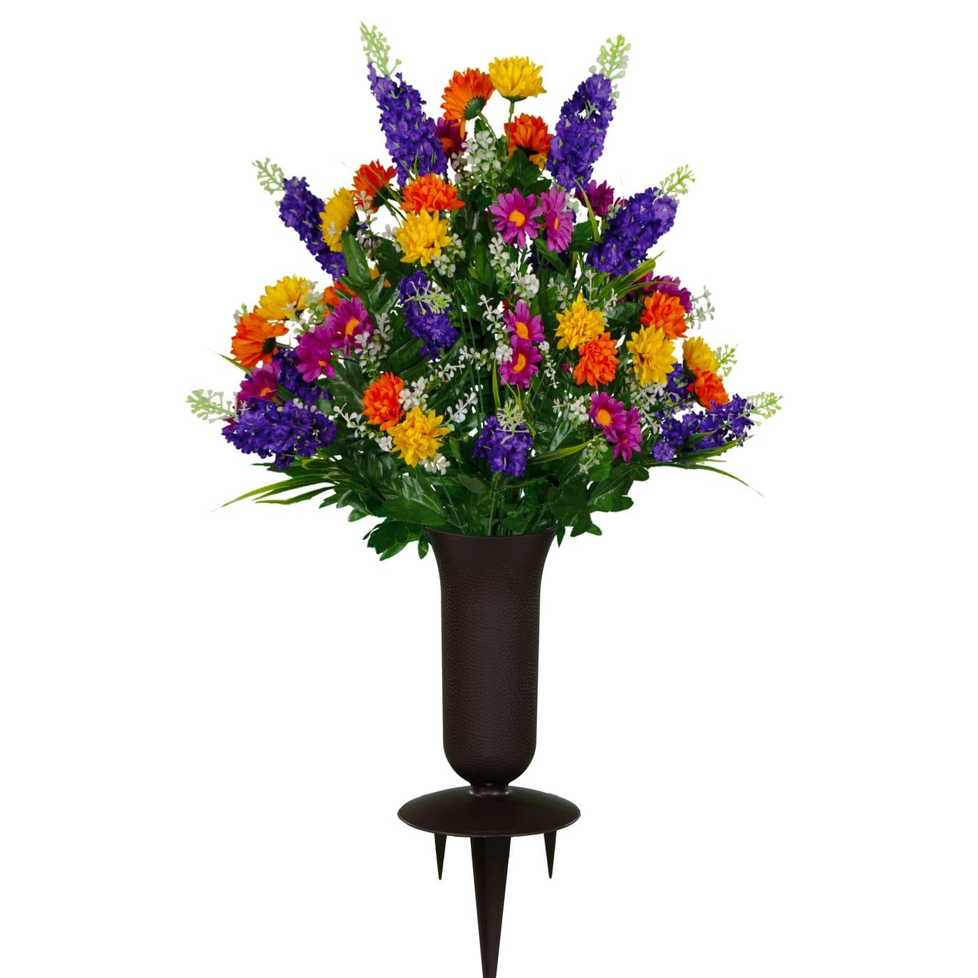 Purple Violet Yellow Wildflower Mix Bouquet with Sympathy Silks Vase