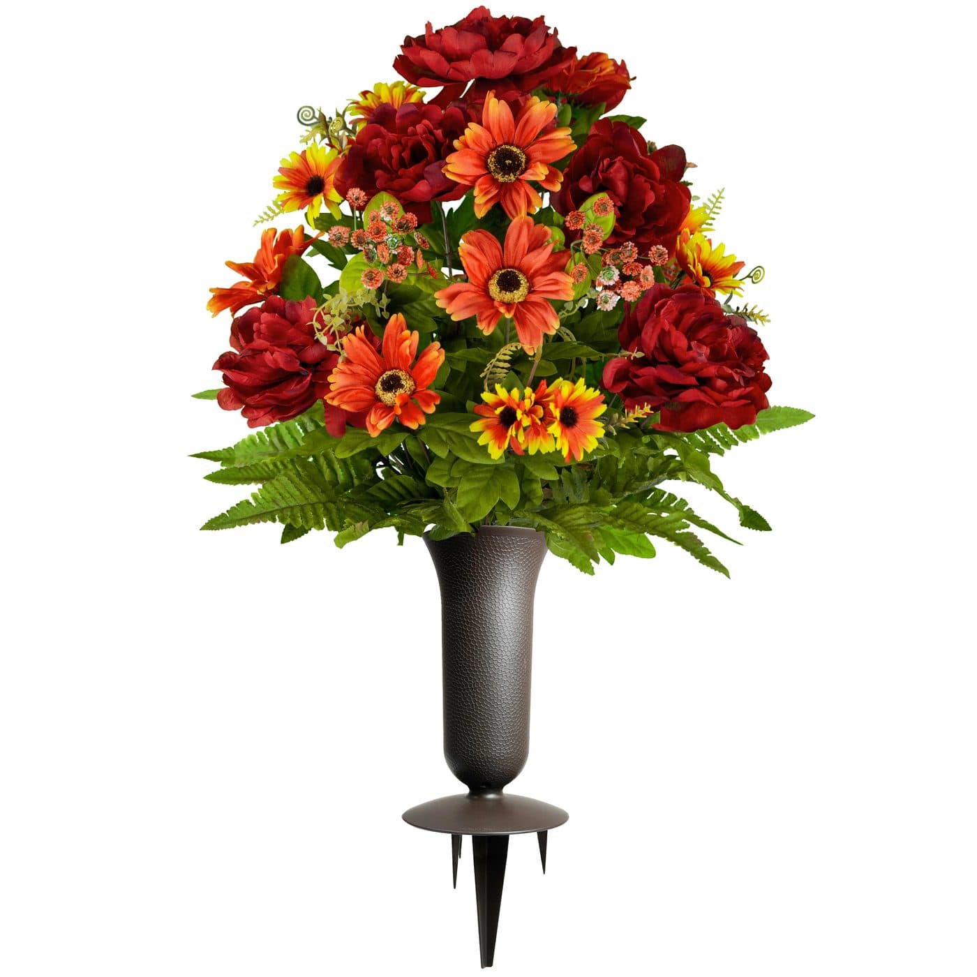 Burgundy Peony and Orange Daisy with Sympathy Silks Vase
