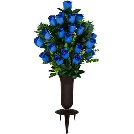 Blue Rose with Palm Leaves with Vase