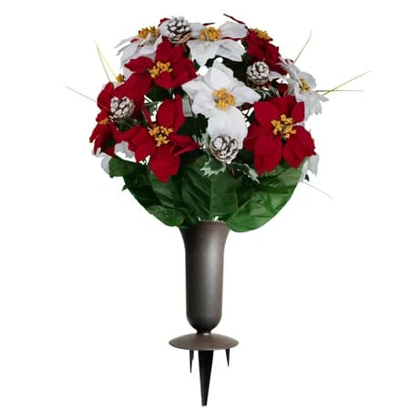 Red and White Poinsettias and Frosted Pinecones with Vase