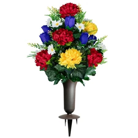Purple Roses with Red and Yellow Mums Bouquet with Sympathy Silks Vase