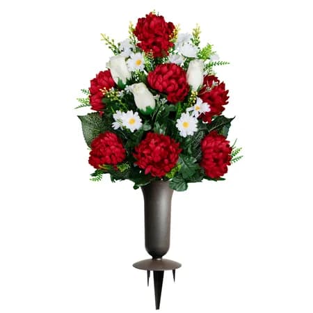 Cream Roses with Red Mums Bouquet with Sympathy Silks Vase