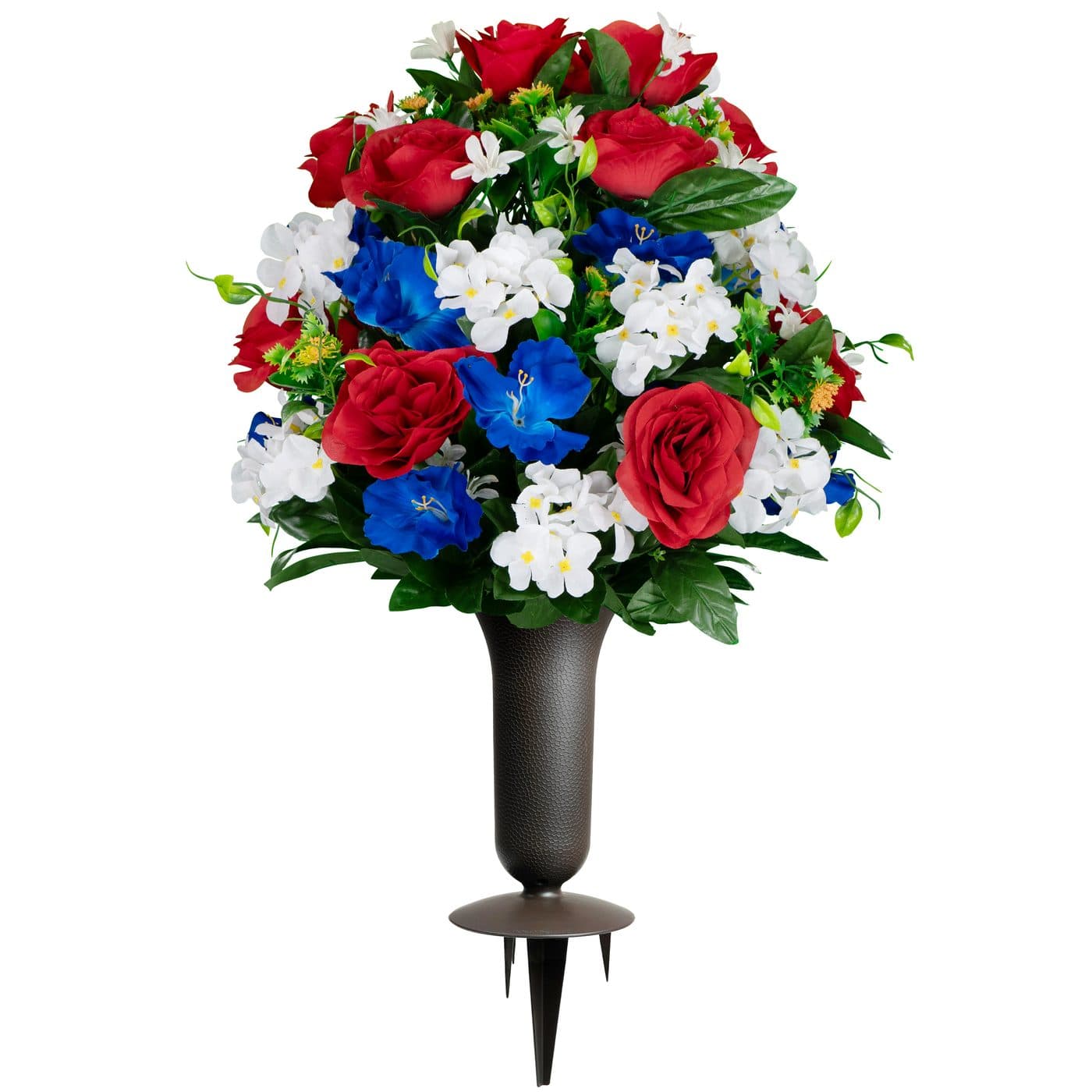 Red Roses with White Hydrangea and Blue Alstroemeria Bouquet with Sympathy Silks Vase