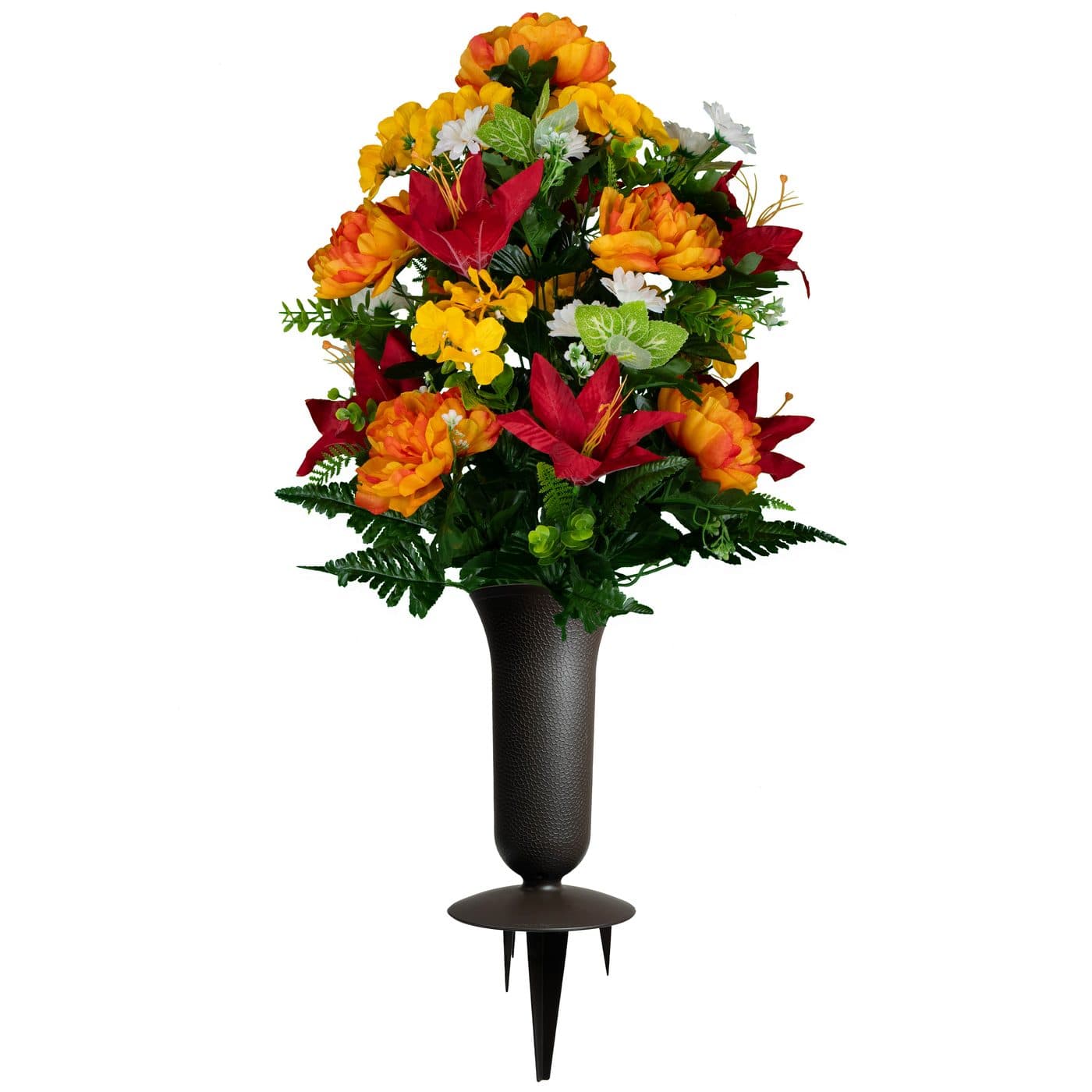 Red Lily and Sunrise Peony Bouquet with Sympathy Silks Vase