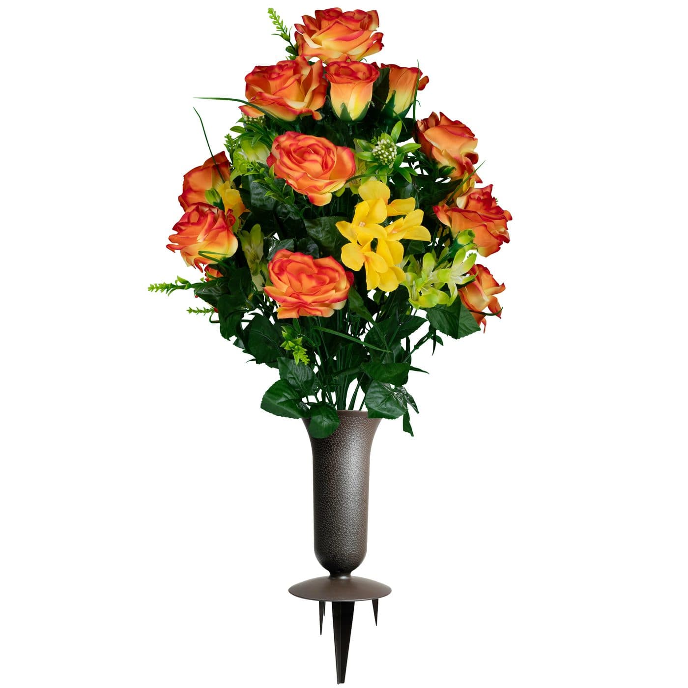 Sunrise Roses with Yellow Accents and Sympathy Silks Vase