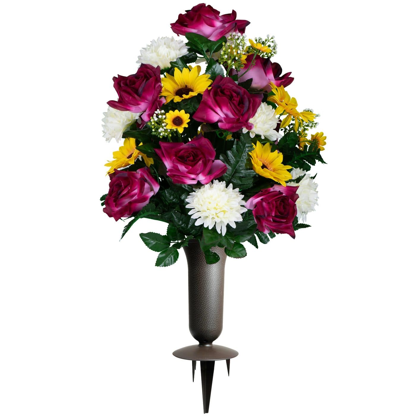 Fuchsia Roses with White Mums and Sunflowers with Sympathy Silks Vase