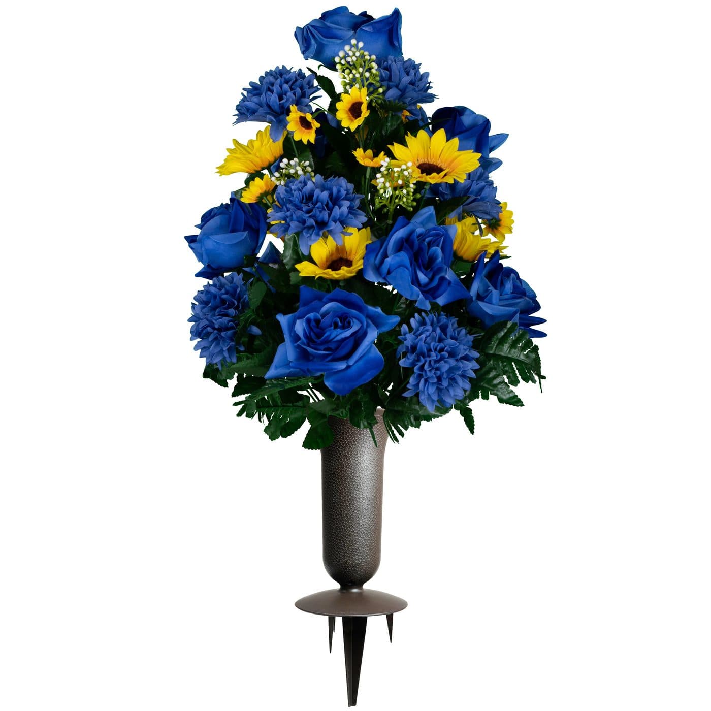 Blue Roses with Blue Mums and Sunflowers with Sympathy Silks Vase