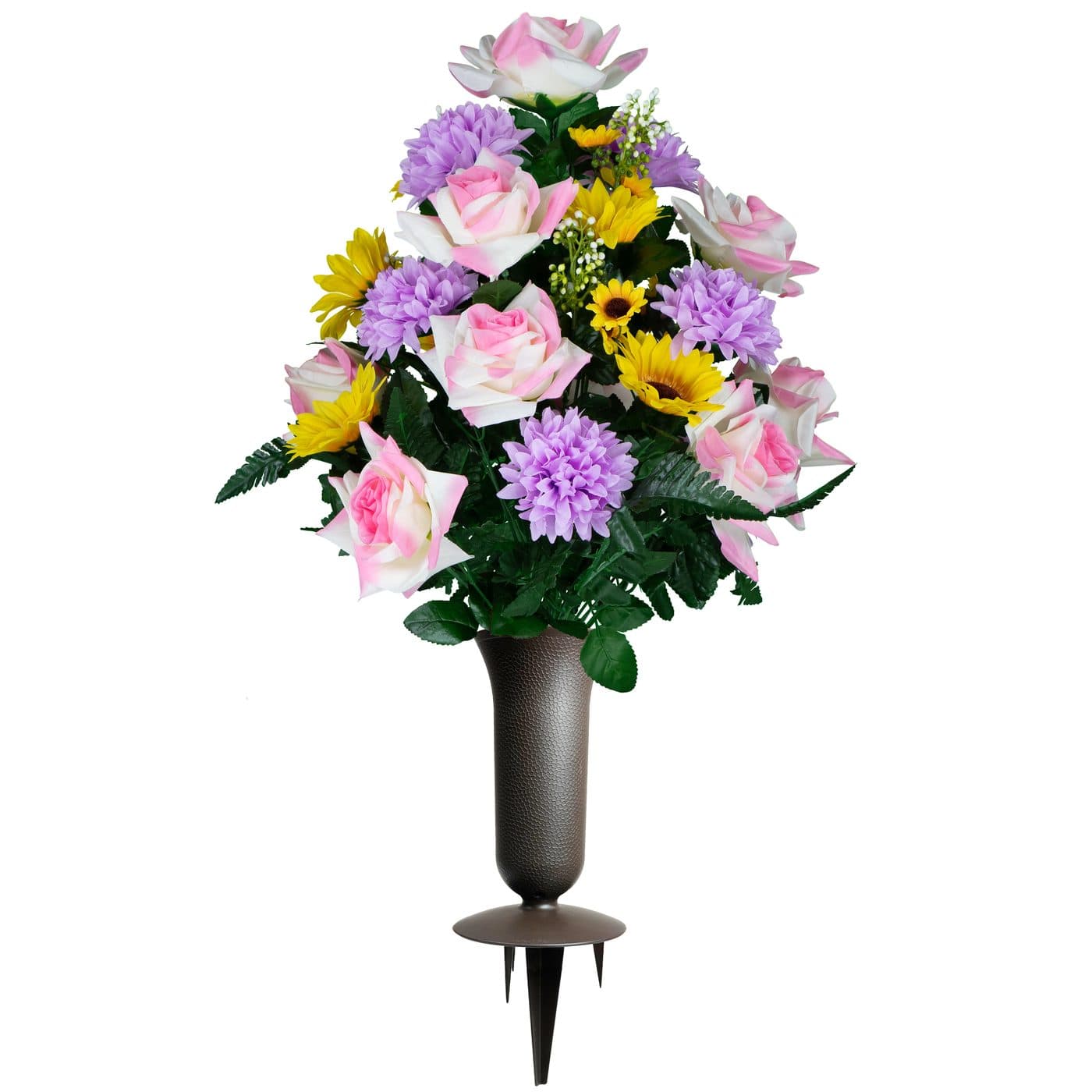 Pink Roses with Lavender Mums and Sunflowers with Sympathy Silks Vase