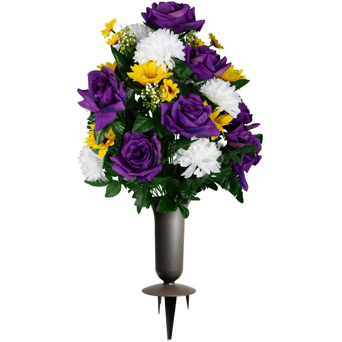 Purple Roses with White Mums and Sunflowers with Sympathy Silks Vase