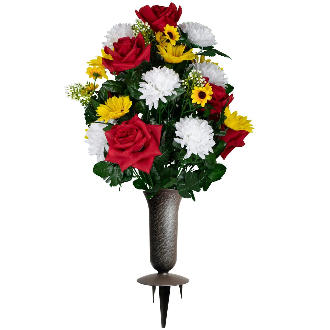 Red Roses with White Mums and Sunflowers with Sympathy Silks Vase