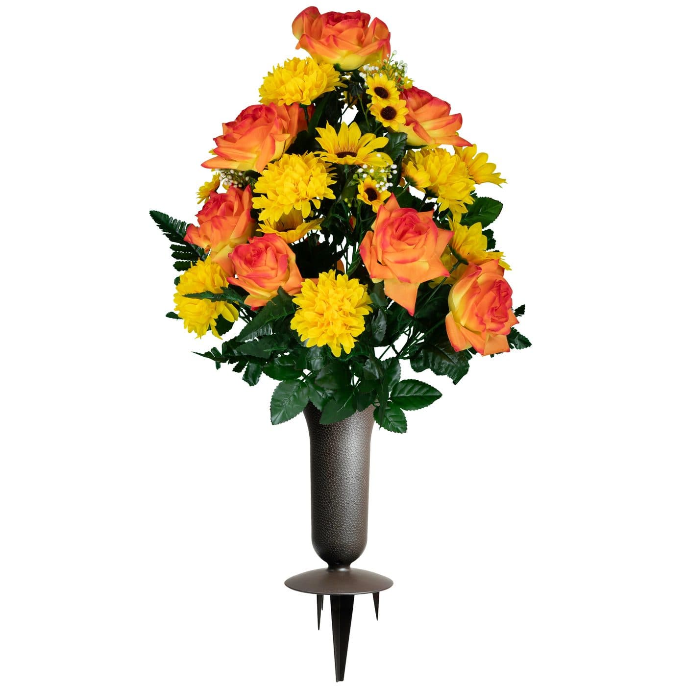 Sunrise Roses with Yellow Mums and Sunflowers with Sympathy Silks Vase