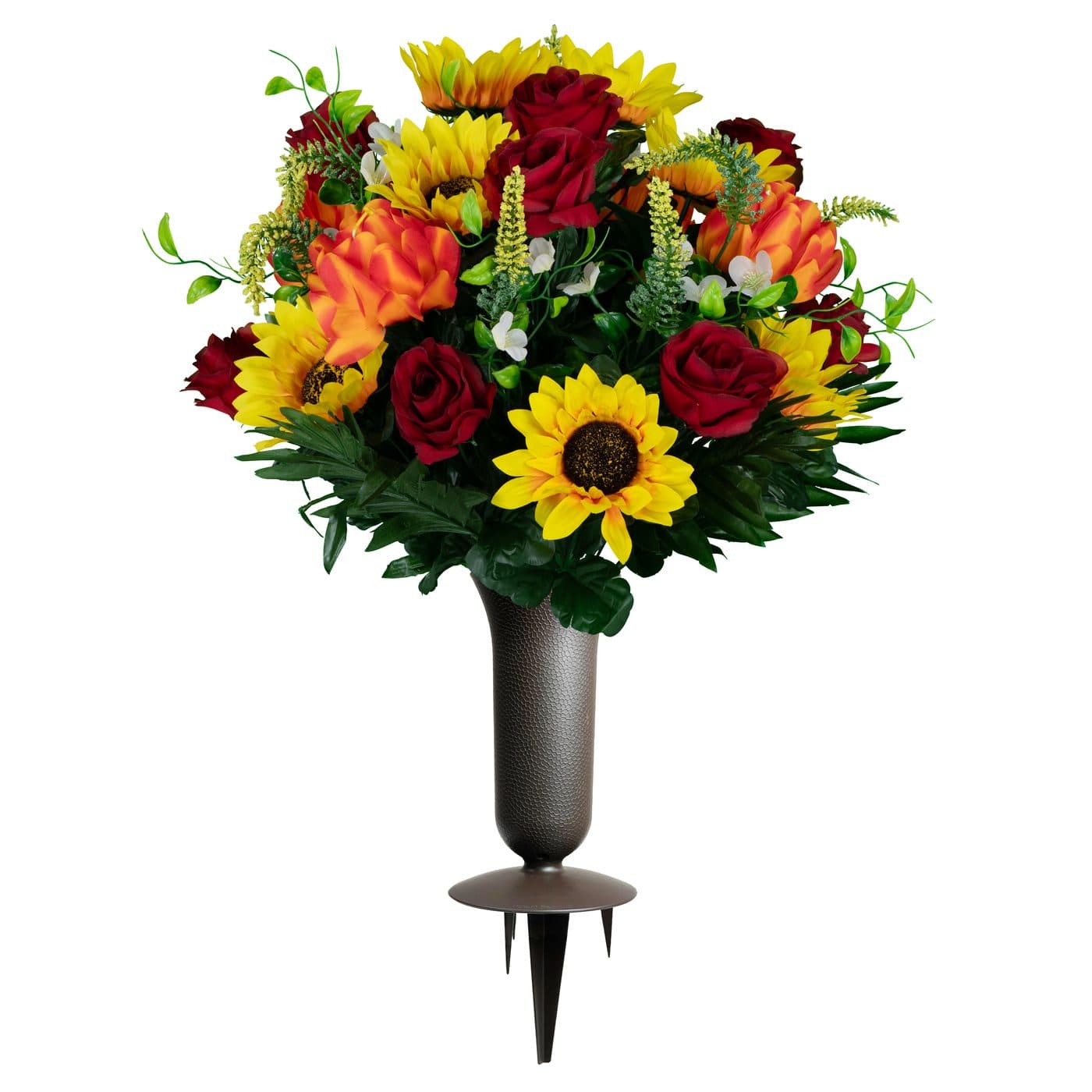 Burgundy Roses with Sunflowers and Orange Lotus Bouquet with Vase