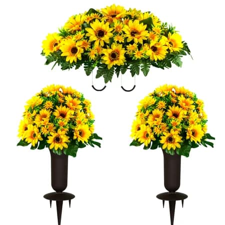 Yellow Sunflower Saddle and 2 Bouquets with Vases