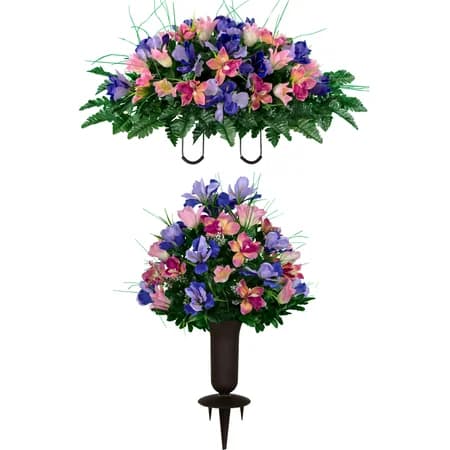 Pink Tulip and Purple Iris Saddle with 1 Bouquet with Sympathy Silks Vase