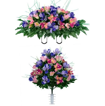 Pink Tulip and Purple Iris Saddle with 1 Bouquet
