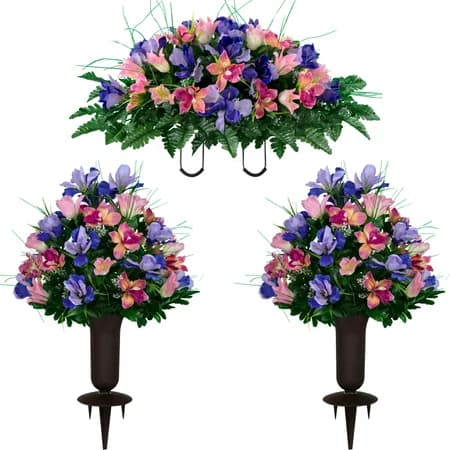 Pink Tulip and Purple Iris Saddle with 2 Bouquets with Sympathy Silks Vase