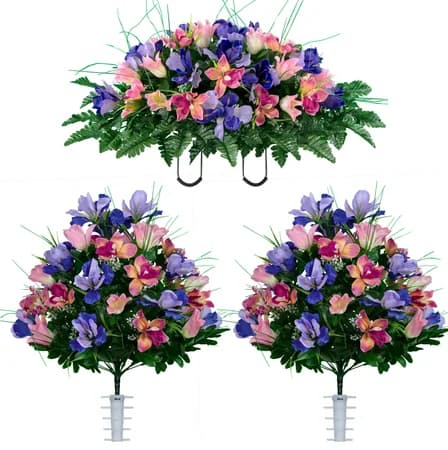 Pink Tulip and Purple Iris Saddle with 2 Bouquets