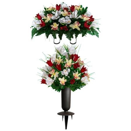 Red Tulip and White Iris Saddle with 1 Bouquet and Sympathy Silks Vase