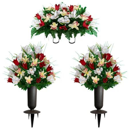 Red Tulip and White Iris Saddle with 2 Bouquets and Sympathy Silks Vase