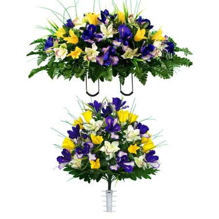 Yellow Tulip and Purple Iris Saddle with 1 Bouquet