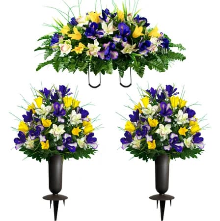 Yellow Tulips and Purple Iris Saddle with 2 Bouquets with Sympathy Silks Vase