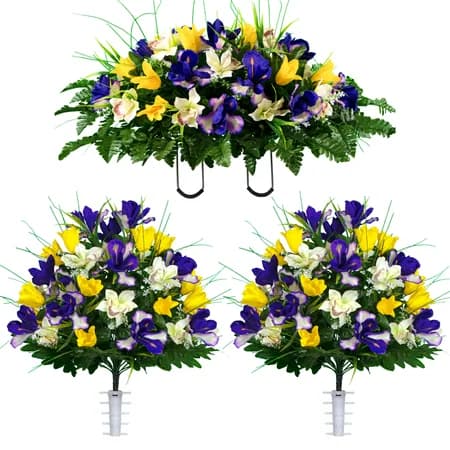 Yellow Tulips and Purple Iris Saddle with 2 Bouquets