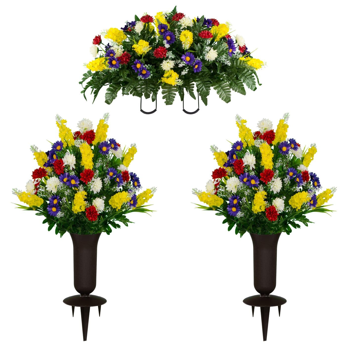 Yellow Purple and Red Wildflower Saddle and (2) Bouquets with Vases