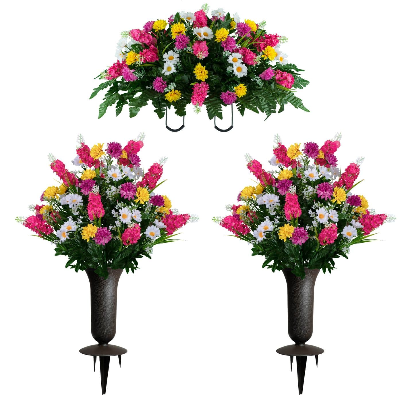 Pink Yellow White Wildflower Saddle and (2) Bouquets with Vases